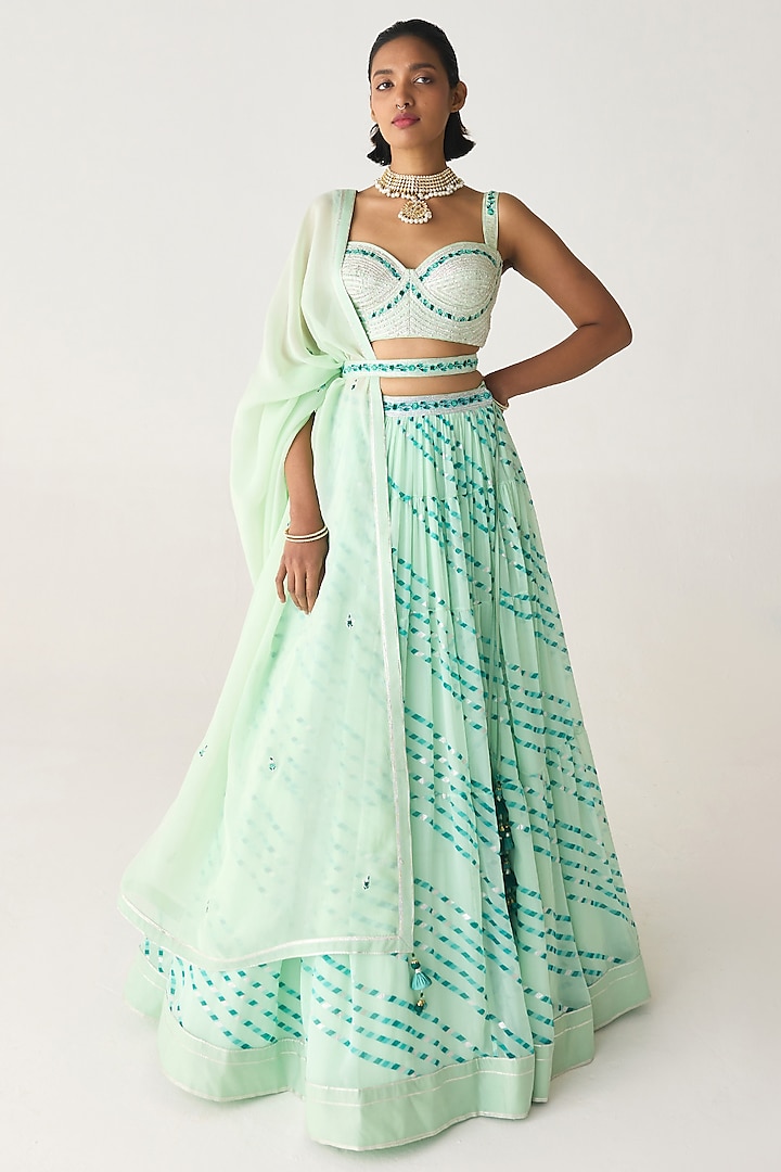 Bay Green Georgette Gota Thread Embroidered Leheriya Wedding Lehenga Set by Shyam Narayan Prasad at Pernia's Pop Up Shop