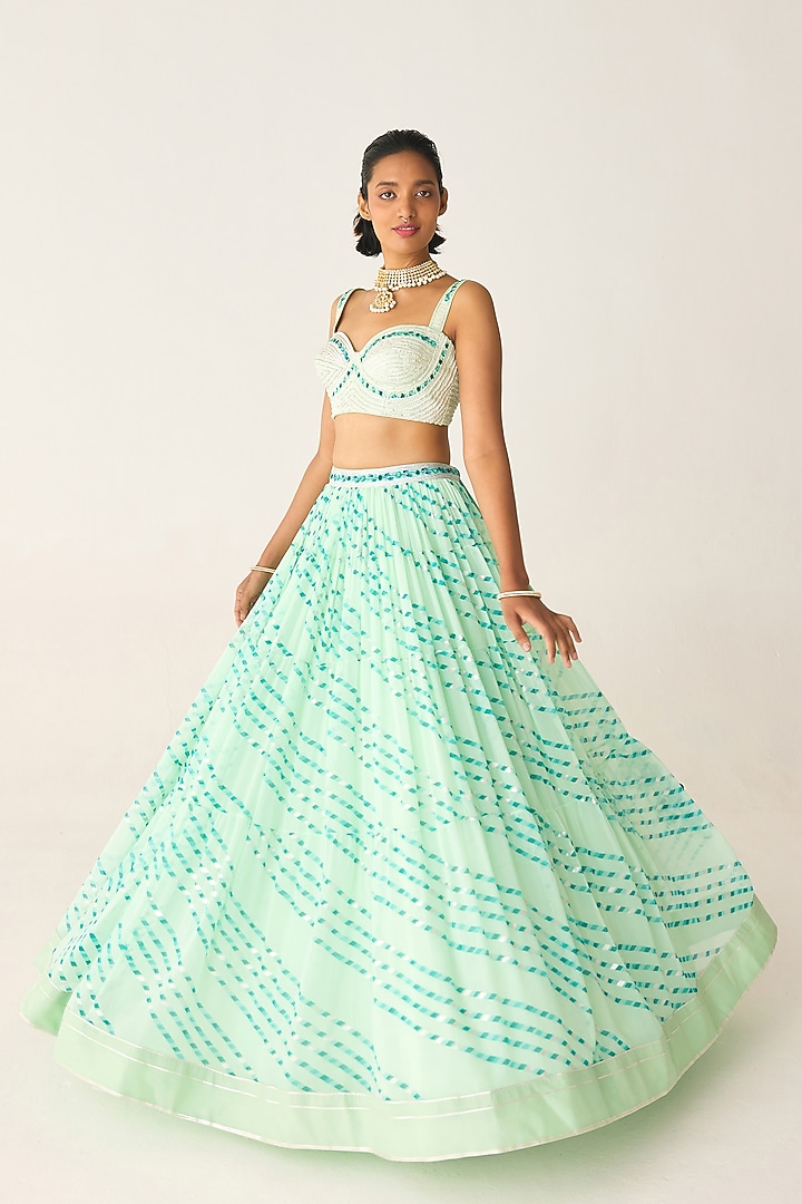 Bay Green Georgette Gota Thread Embroidered Leheriya Wedding Lehenga Set by Shyam Narayan Prasad at Pernia's Pop Up Shop