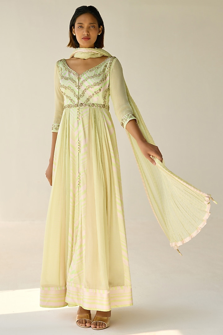 Jade Green Cotton Satin Flat Chiffon Printed & Zardosi Embroidered Anarkali Set by Shyam Narayan Prasad