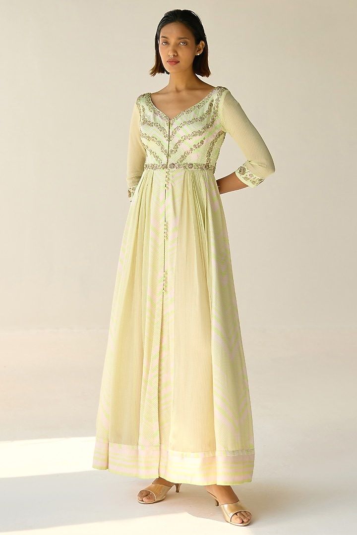 Jade Green Cotton Satin Flat Chiffon Printed & Zardosi Embroidered Wedding Anarkali Set by Shyam Narayan Prasad at Pernia's Pop Up Shop