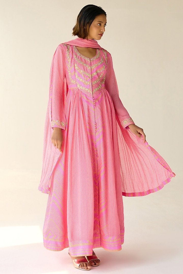 Germanium Pink Cotton Satin Flat Chiffon Printed & Zardosi Embroidered Anarkali Set by Shyam Narayan Prasad