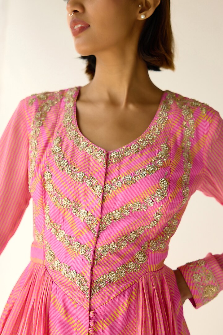 Germanium Pink Cotton Satin Flat Chiffon Printed & Zardosi Embroidered Wedding Anarkali Set by Shyam Narayan Prasad at Pernia's Pop Up Shop
