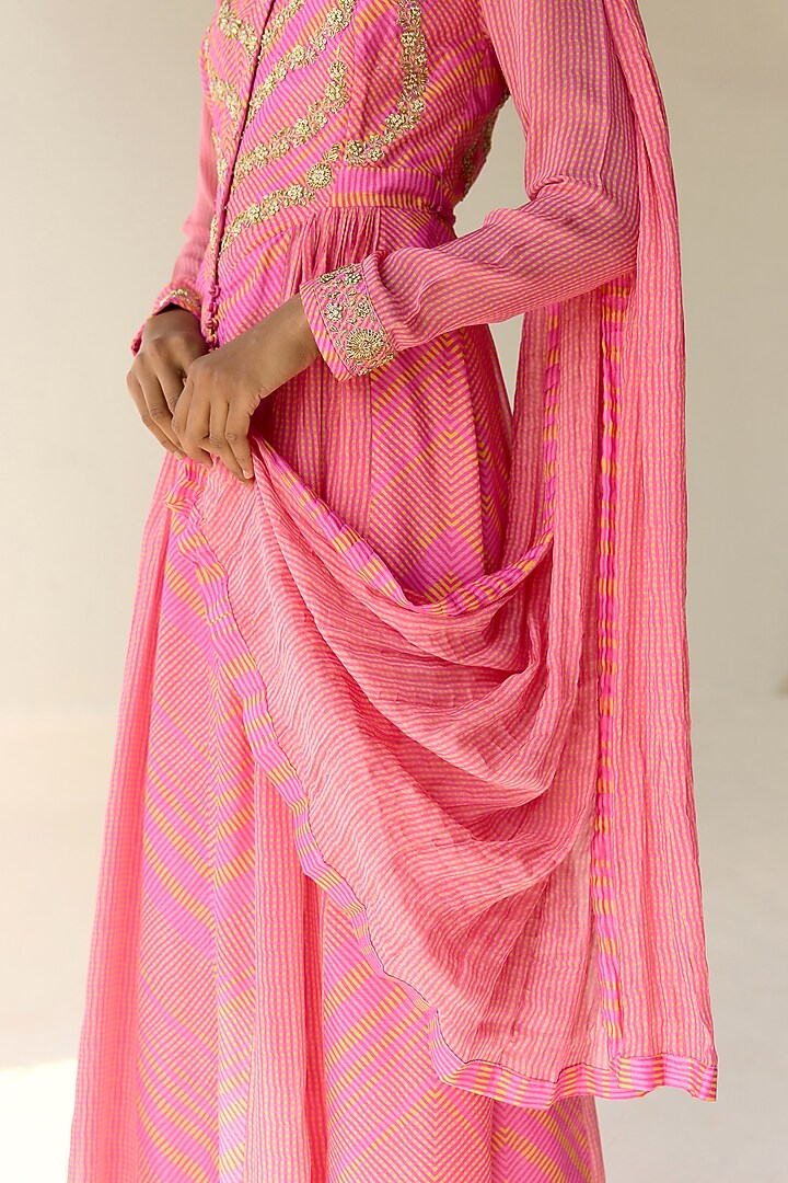 Germanium Pink Cotton Satin Flat Chiffon Printed & Zardosi Embroidered Wedding Anarkali Set by Shyam Narayan Prasad at Pernia's Pop Up Shop