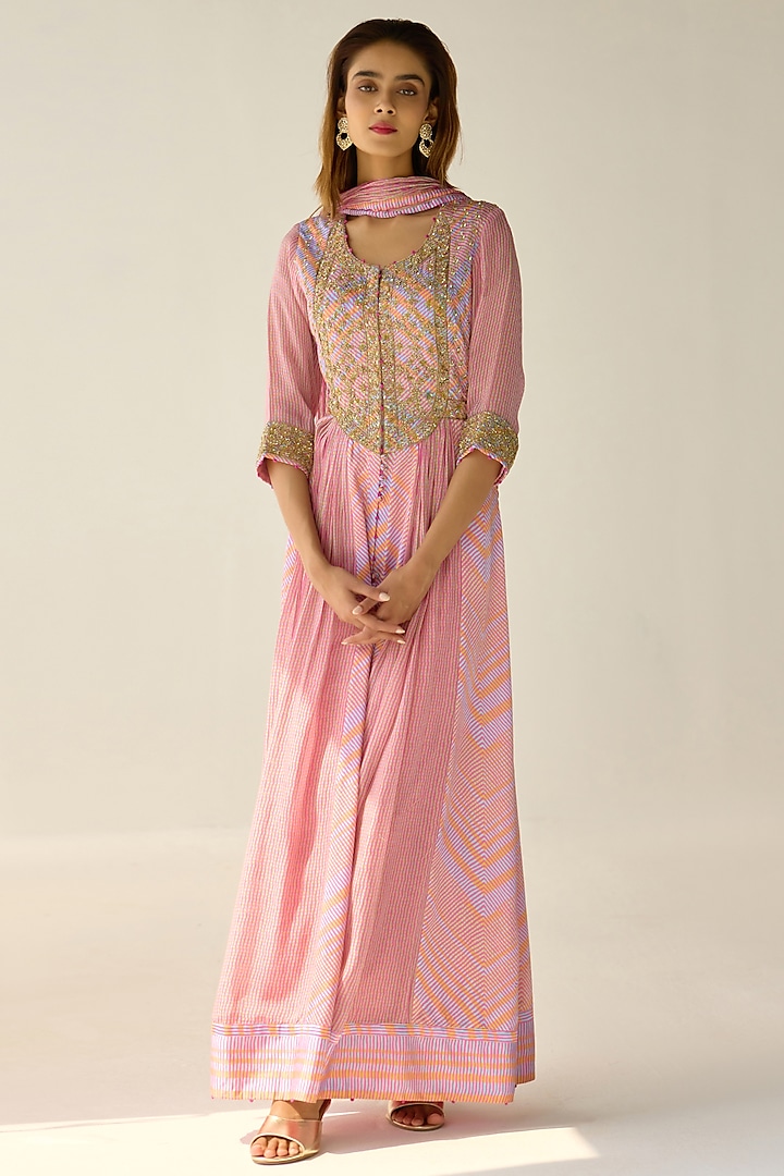 Lilac Cotton Satin Flat Chiffon Printed & Zardosi Embroidered Anarkali Set by Shyam Narayan Prasad at Pernia's Pop Up Shop