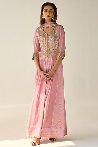 Lilac Cotton Satin Flat Chiffon Printed & Zardosi Embroidered Anarkali Set by Shyam Narayan Prasad