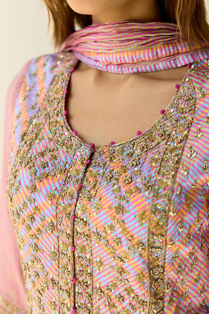 Lilac Cotton Satin Flat Chiffon Printed & Zardosi Embroidered Wedding Anarkali Set by Shyam Narayan Prasad at Pernia's Pop Up Shop