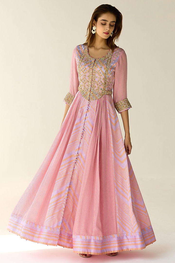 Lilac Cotton Satin Flat Chiffon Printed & Zardosi Embroidered Wedding Anarkali Set by Shyam Narayan Prasad at Pernia's Pop Up Shop