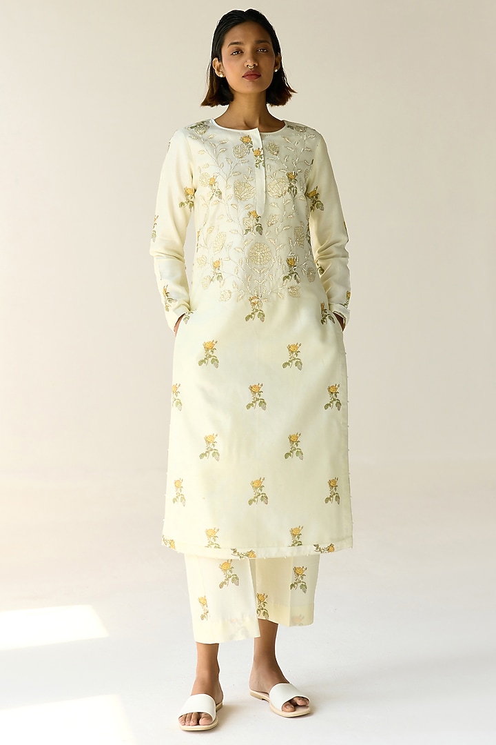 Green Chanderi Hand Block Printed Kurta Set by Shyam Narayan Prasad at Pernia's Pop Up Shop