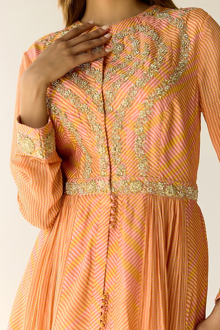 Marigold Yellow Cotton Satin Flat Chiffon Printed & Zardosi Embroidered Wedding Anarkali Set by Shyam Narayan Prasad at Pernia's Pop Up Shop