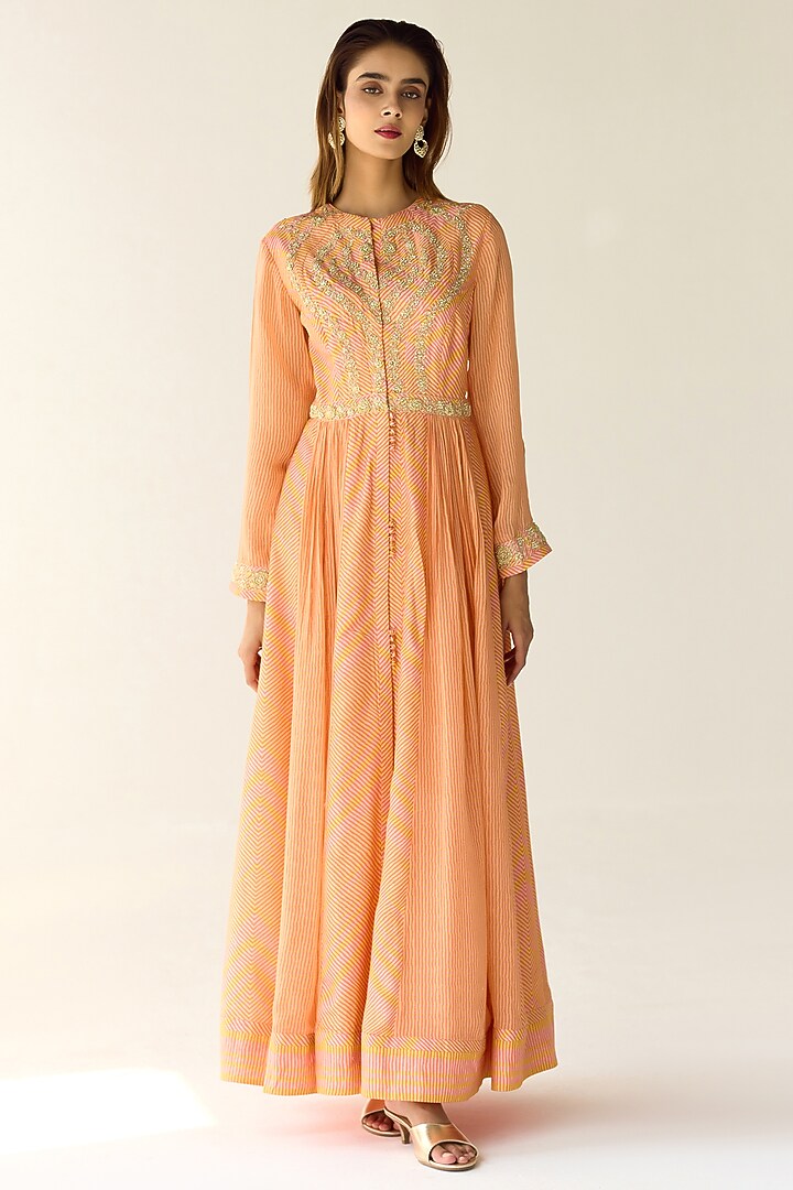 Marigold Yellow Cotton Satin Flat Chiffon Printed & Zardosi Embroidered Wedding Anarkali Set by Shyam Narayan Prasad at Pernia's Pop Up Shop