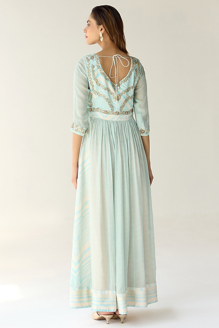 Blue Cotton Satin Flat Chiffon Printed & Zardosi Embroidered Wedding Anarkali Set by Shyam Narayan Prasad at Pernia's Pop Up Shop