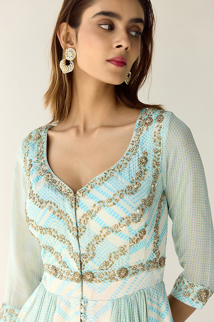 Blue Cotton Satin Flat Chiffon Printed & Zardosi Embroidered Wedding Anarkali Set by Shyam Narayan Prasad at Pernia's Pop Up Shop