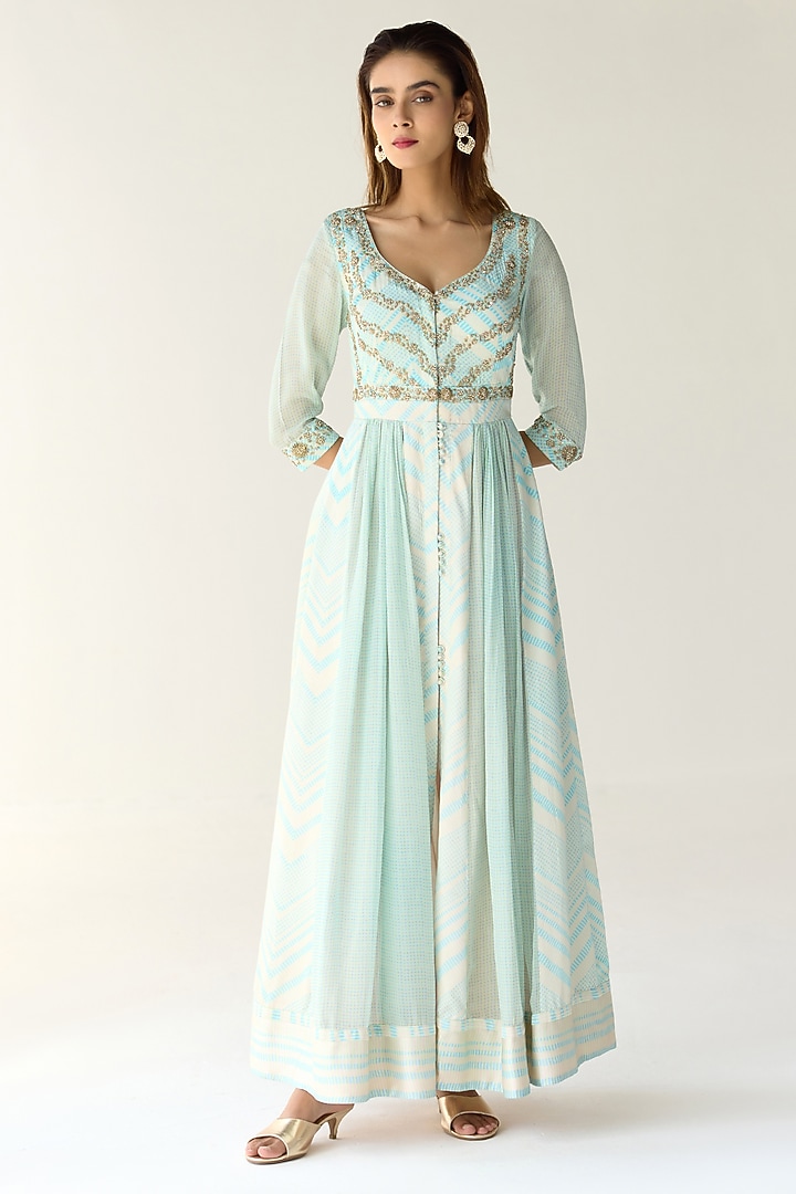 Blue Cotton Satin Flat Chiffon Printed & Zardosi Embroidered Wedding Anarkali Set by Shyam Narayan Prasad at Pernia's Pop Up Shop