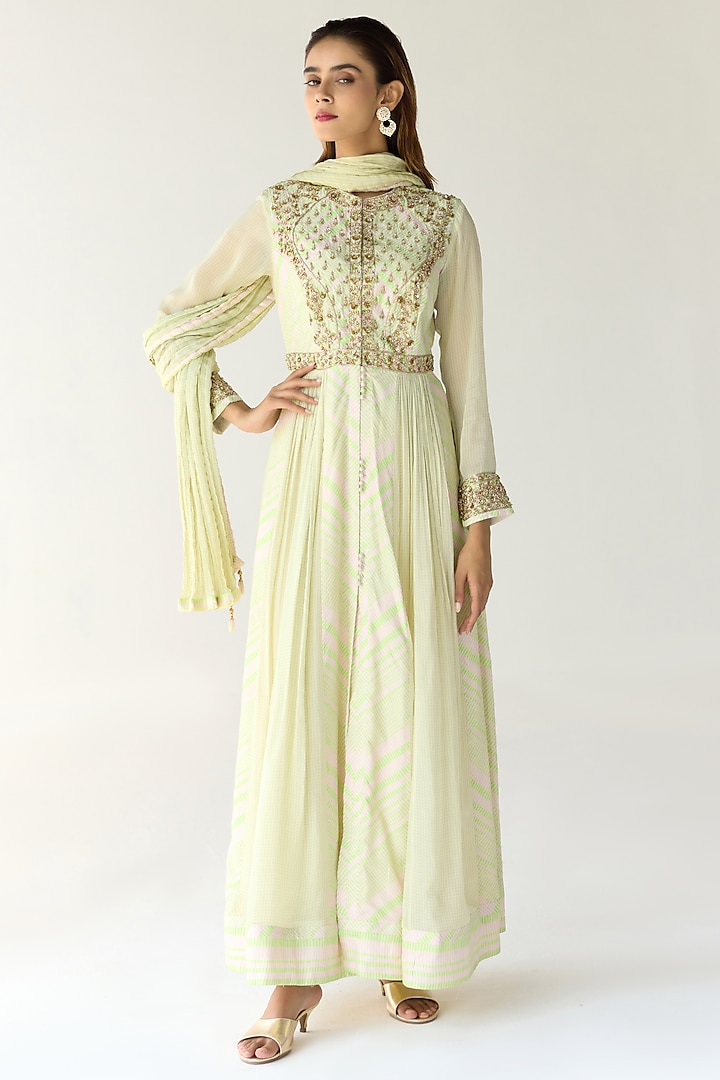 Jade Green Cotton Satin Flat Chiffon Printed & Zardosi Embroidered Anarkali Set by Shyam Narayan Prasad