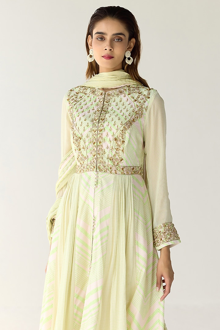 Jade Green Cotton Satin Flat Chiffon Printed & Zardosi Embroidered Wedding Anarkali Set by Shyam Narayan Prasad at Pernia's Pop Up Shop
