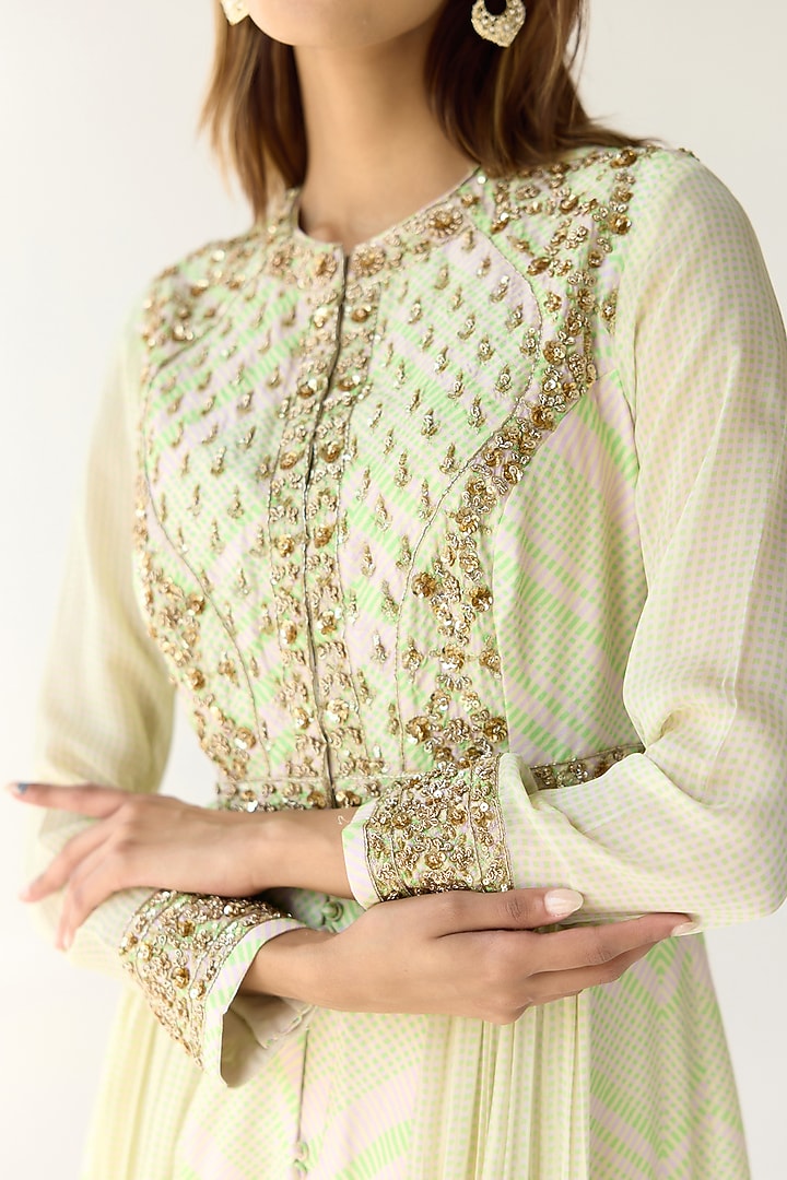 Jade Green Cotton Satin Flat Chiffon Printed & Zardosi Embroidered Wedding Anarkali Set by Shyam Narayan Prasad at Pernia's Pop Up Shop