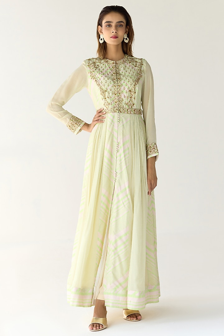 Jade Green Cotton Satin Flat Chiffon Printed & Zardosi Embroidered Wedding Anarkali Set by Shyam Narayan Prasad at Pernia's Pop Up Shop