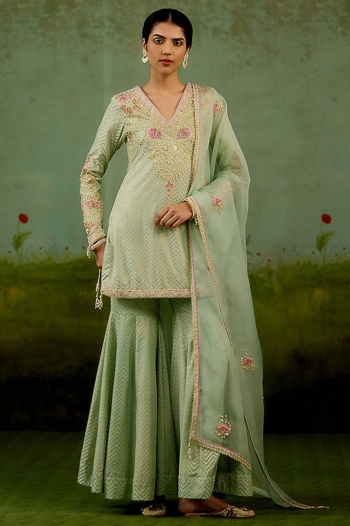 Sea Green Banarasi Silk Wedding Sharara Set by Shyam Narayan Prasad at Pernia's Pop Up Shop