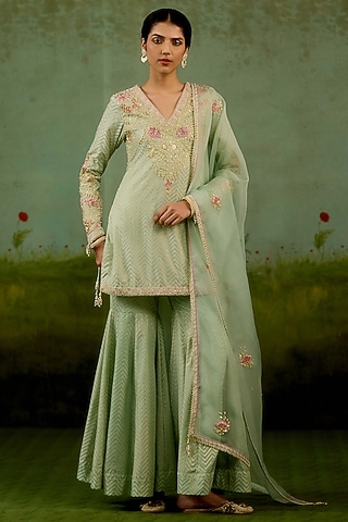 Sea Green Banarasi Silk Sharara Set by Shyam Narayan Prasad