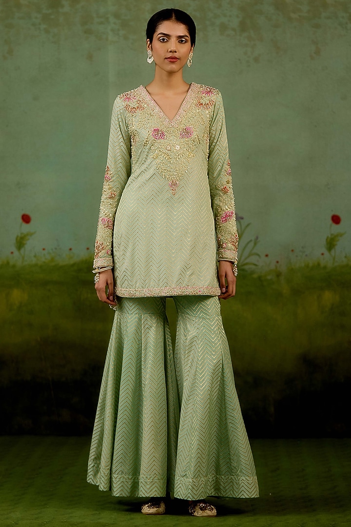 Sea Green Banarasi Silk Wedding Sharara Set by Shyam Narayan Prasad at Pernia's Pop Up Shop
