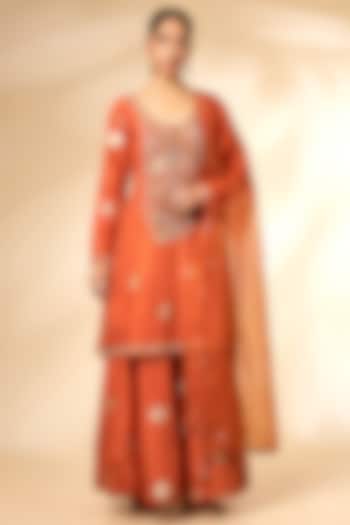 Burnt Orange Silk Brocade Wedding Sharara Set by Shyam Narayan Prasad at Pernia's Pop Up Shop