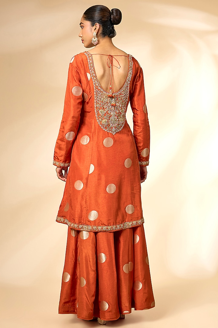 Burnt Orange Silk Brocade Wedding Sharara Set by Shyam Narayan Prasad at Pernia's Pop Up Shop