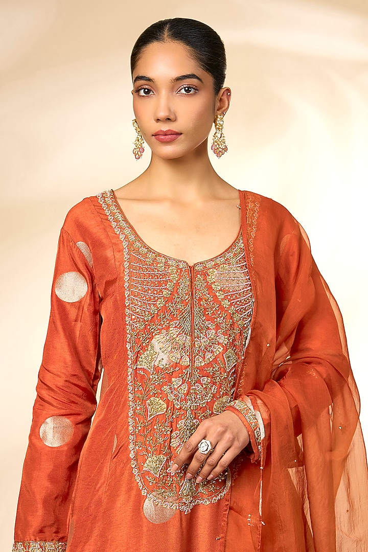 Burnt Orange Silk Brocade Wedding Sharara Set by Shyam Narayan Prasad at Pernia's Pop Up Shop
