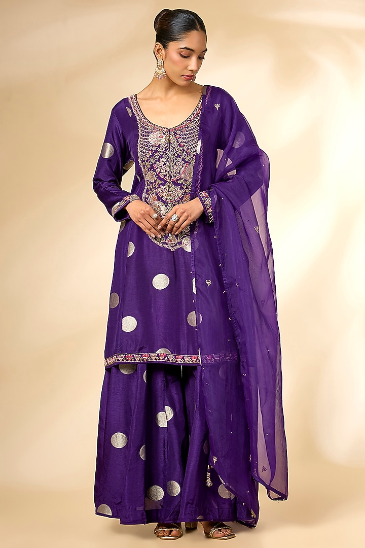 Purple Silk Brocade Wedding Sharara Set by Shyam Narayan Prasad at Pernia's Pop Up Shop