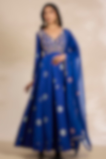 Royal Blue Silk Brocade Wedding Anarkali Set by Shyam Narayan Prasad at Pernia's Pop Up Shop