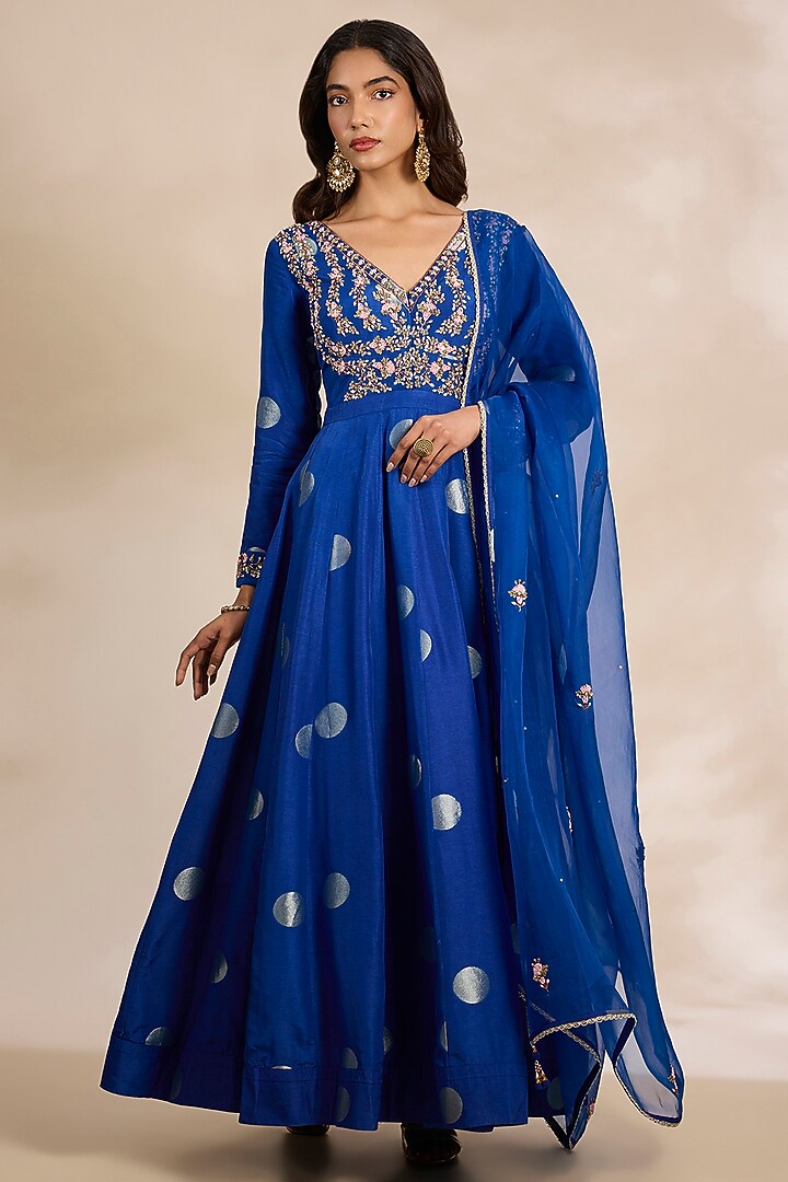 Royal Blue Silk Brocade Wedding Anarkali Set by Shyam Narayan Prasad at Pernia's Pop Up Shop