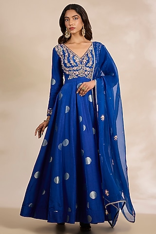 Royal Blue Silk Brocade Anarkali Set by Shyam Narayan Prasad