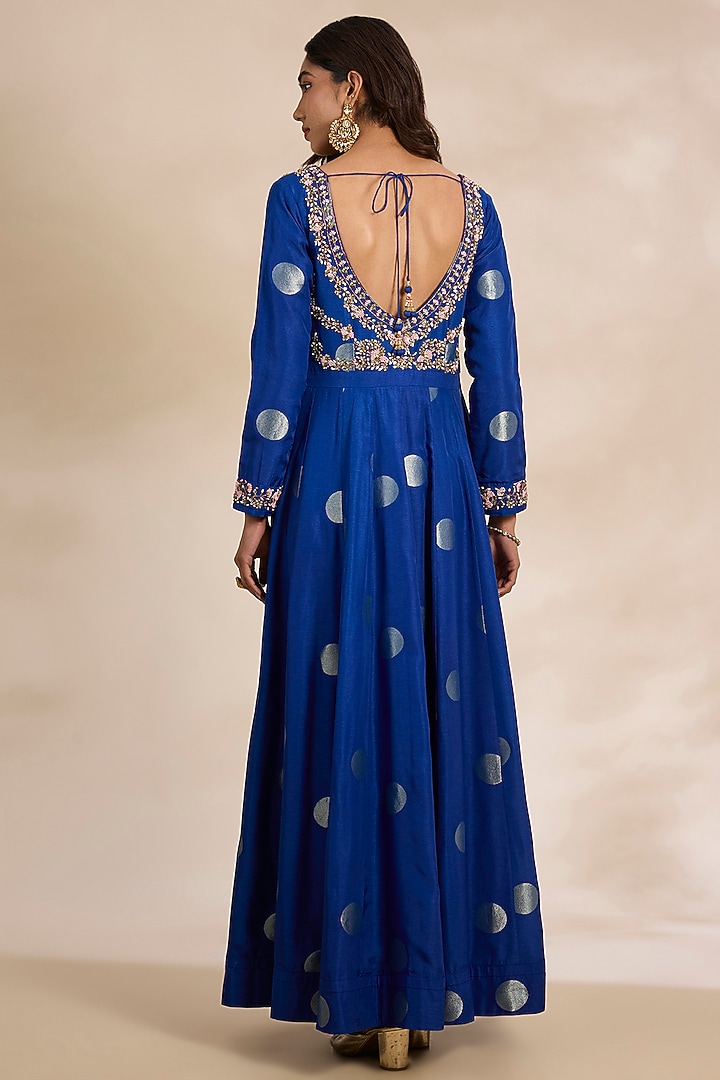 Royal Blue Silk Brocade Wedding Anarkali Set by Shyam Narayan Prasad at Pernia's Pop Up Shop