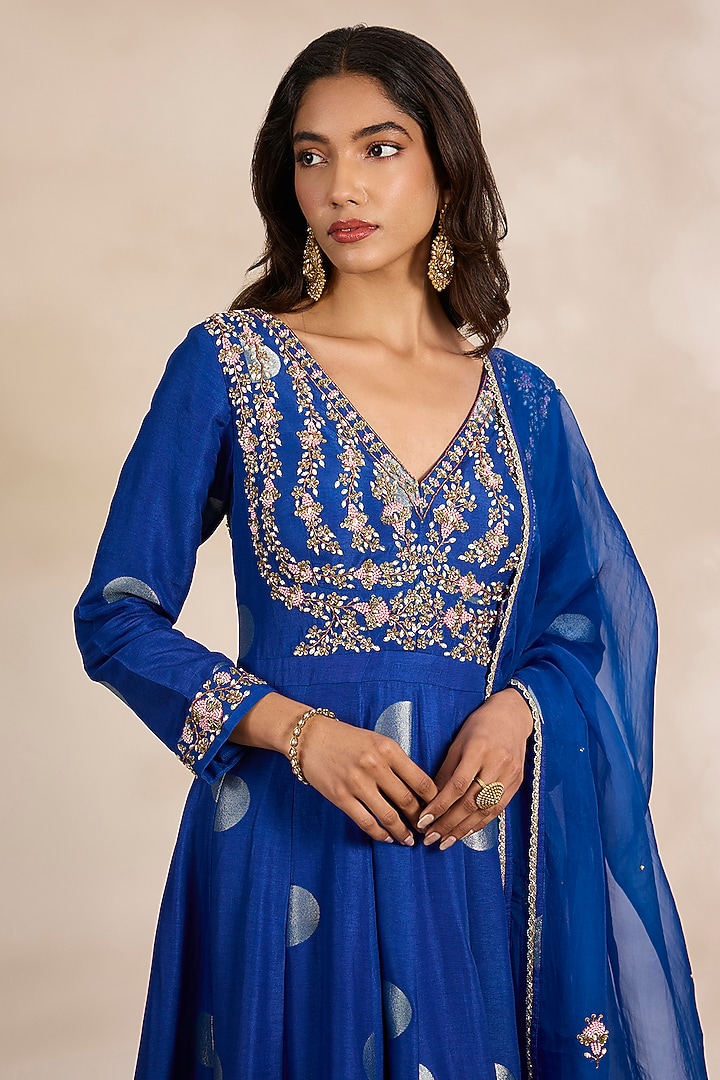 Royal Blue Silk Brocade Wedding Anarkali Set by Shyam Narayan Prasad at Pernia's Pop Up Shop