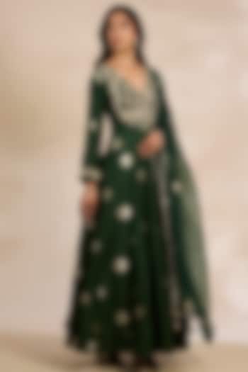 Forest Green Silk Brocade Wedding Anarkali Set by Shyam Narayan Prasad at Pernia's Pop Up Shop
