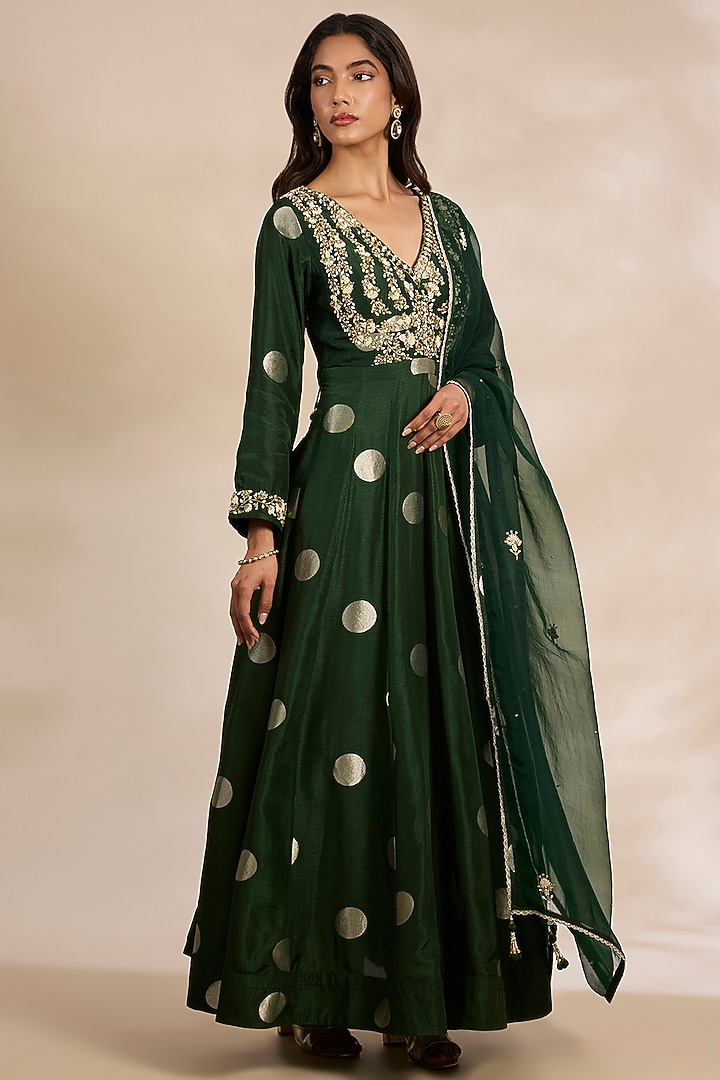 Forest Green Silk Brocade Wedding Anarkali Set by Shyam Narayan Prasad at Pernia's Pop Up Shop