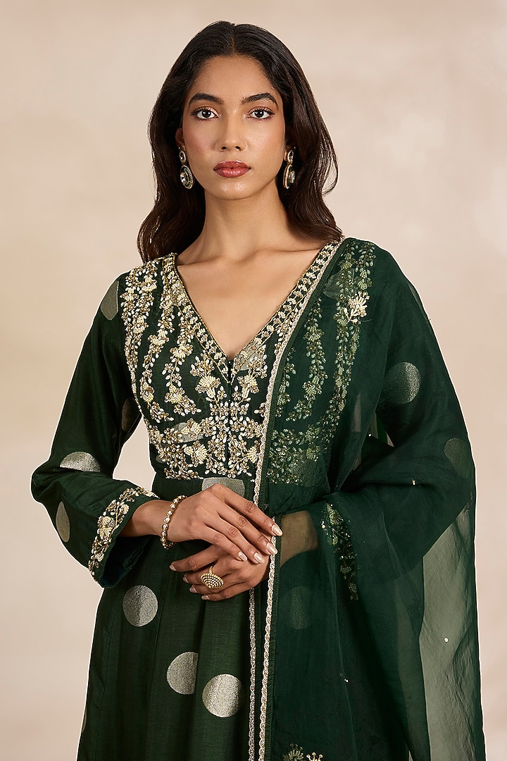 Forest Green Silk Brocade Wedding Anarkali Set by Shyam Narayan Prasad at Pernia's Pop Up Shop