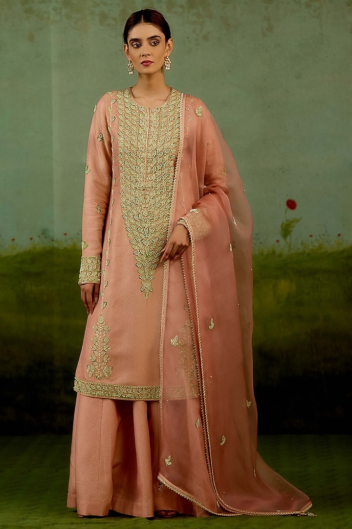 Shell Pink Banarasi Silk Wedding Sharara Set by Shyam Narayan Prasad at Pernia's Pop Up Shop