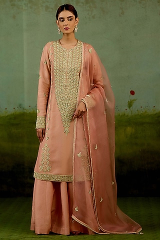 Shell Pink Banarasi Silk Sharara Set by Shyam Narayan Prasad