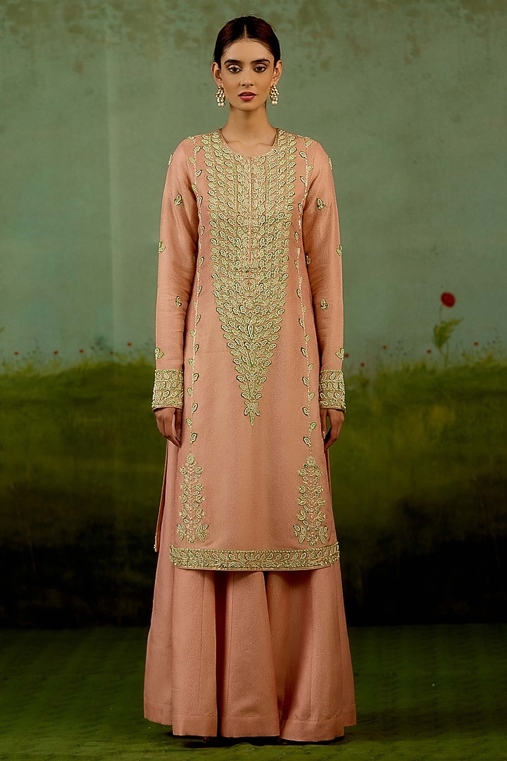 Shell Pink Banarasi Silk Wedding Sharara Set by Shyam Narayan Prasad at Pernia's Pop Up Shop