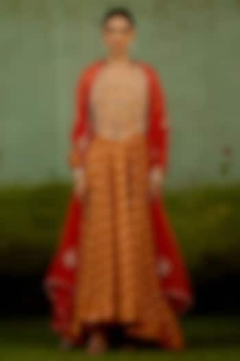 Golden & Orange Banarasi Brocade Embroidered Wedding Anarkali Set by Shyam Narayan Prasad at Pernia's Pop Up Shop