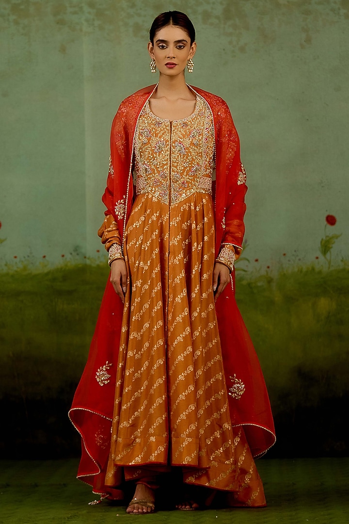 Golden & Orange Banarasi Brocade Embroidered Wedding Anarkali Set by Shyam Narayan Prasad at Pernia's Pop Up Shop