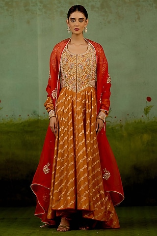 Golden & Orange Banarasi Brocade Embroidered Anarkali Set by Shyam Narayan Prasad