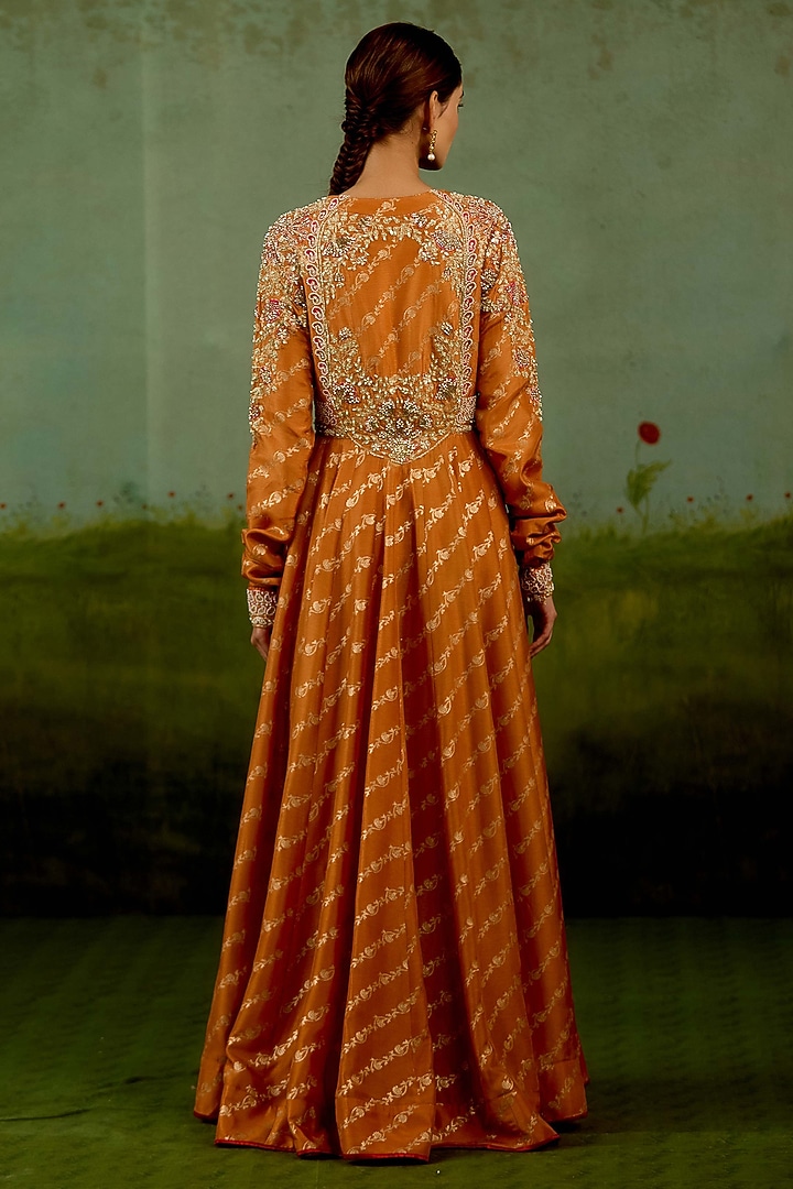 Golden & Orange Banarasi Brocade Embroidered Wedding Anarkali Set by Shyam Narayan Prasad at Pernia's Pop Up Shop