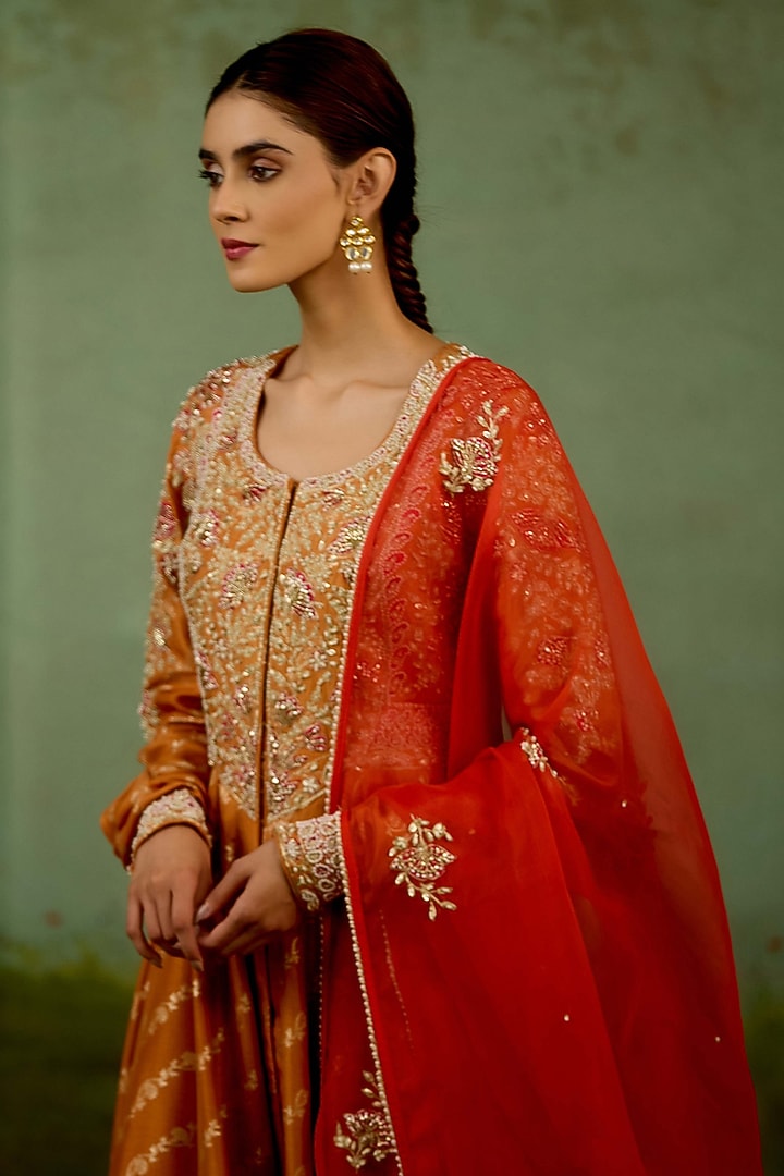 Golden & Orange Banarasi Brocade Embroidered Wedding Anarkali Set by Shyam Narayan Prasad at Pernia's Pop Up Shop