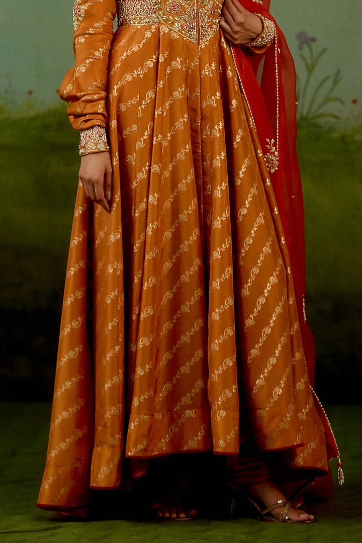 Golden & Orange Banarasi Brocade Embroidered Wedding Anarkali Set by Shyam Narayan Prasad at Pernia's Pop Up Shop