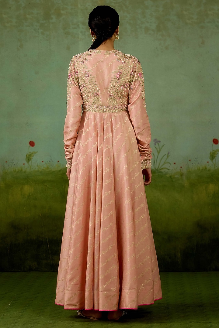 Rose Pink Banarasi Brocade Embroidered Wedding Anarkali Set by Shyam Narayan Prasad at Pernia's Pop Up Shop