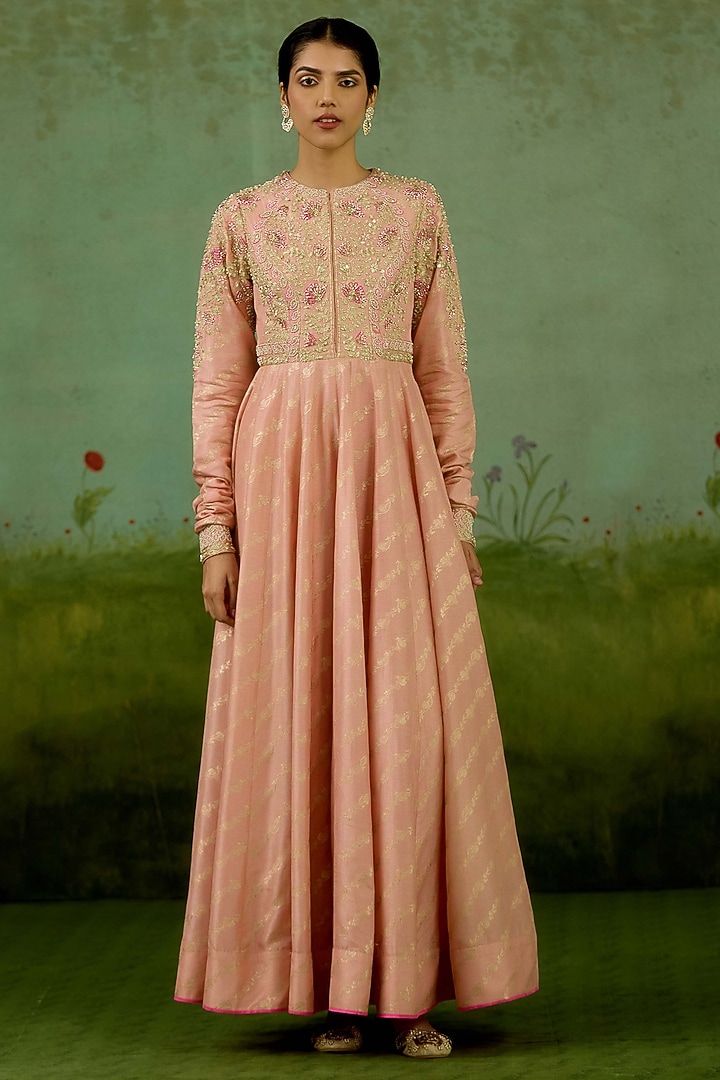 Rose Pink Banarasi Brocade Embroidered Wedding Anarkali Set by Shyam Narayan Prasad at Pernia's Pop Up Shop