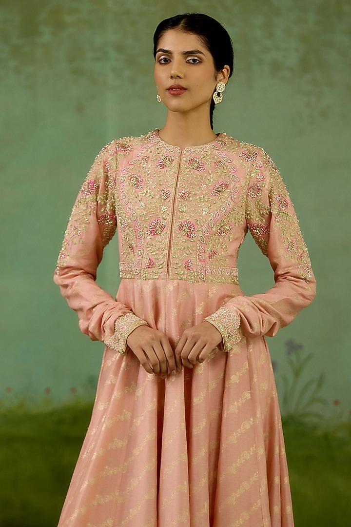 Rose Pink Banarasi Brocade Embroidered Wedding Anarkali Set by Shyam Narayan Prasad at Pernia's Pop Up Shop