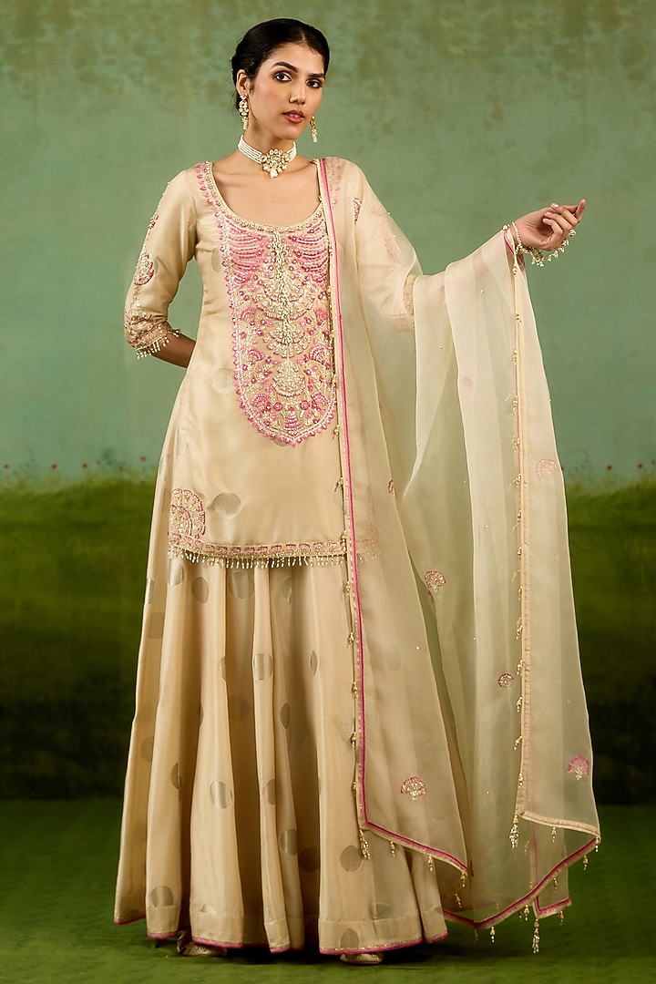 Ivory Silk Brocade Wedding Sharara Set by Shyam Narayan Prasad at Pernia's Pop Up Shop