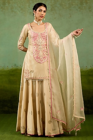 Ivory Silk Brocade Sharara Set by Shyam Narayan Prasad